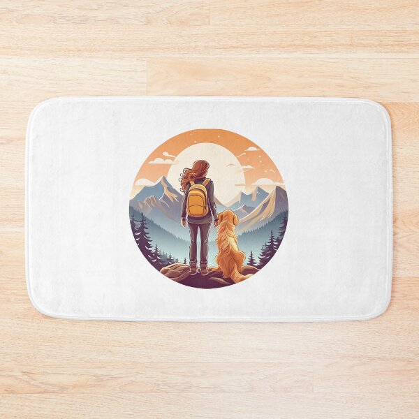 Item preview, circular rear view of woman wearing back pack and golden retriever looking at mountain view designed and sold by planetgolden.