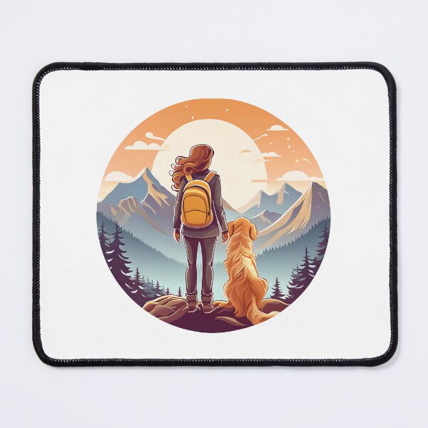 Item preview, circular rear view of woman wearing back pack and golden retriever looking at mountain view designed and sold by planetgolden.