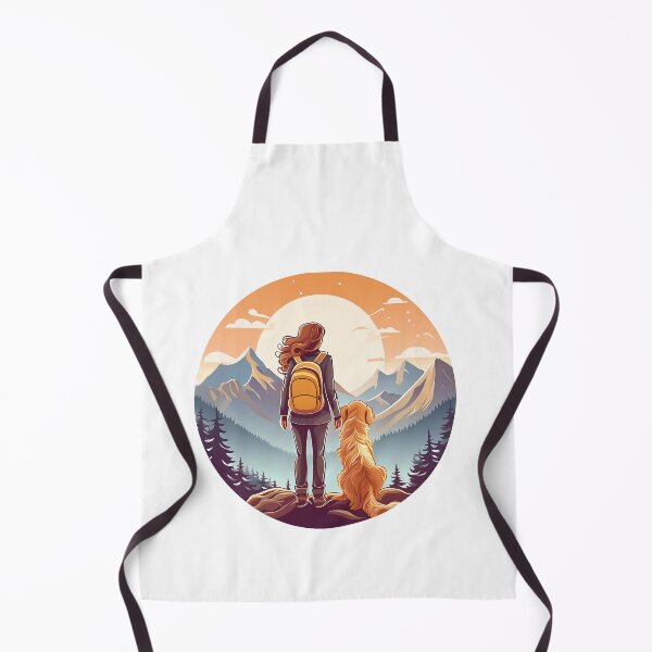 Item preview, circular rear view of woman wearing back pack and golden retriever looking at mountain view designed and sold by planetgolden.