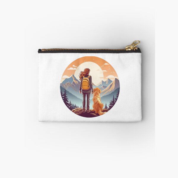 Item preview, circular rear view of woman wearing back pack and golden retriever looking at mountain view designed and sold by planetgolden.