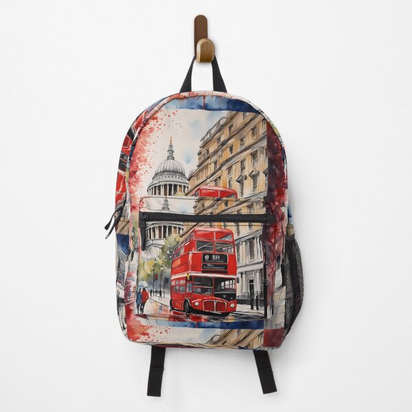 Item preview, Iconic scene of London, capital of the United Kingdom, St Paul`s cathedral with a typical red bus double decker, watercolour, rainy London designed and sold by Coolparrotgirl.