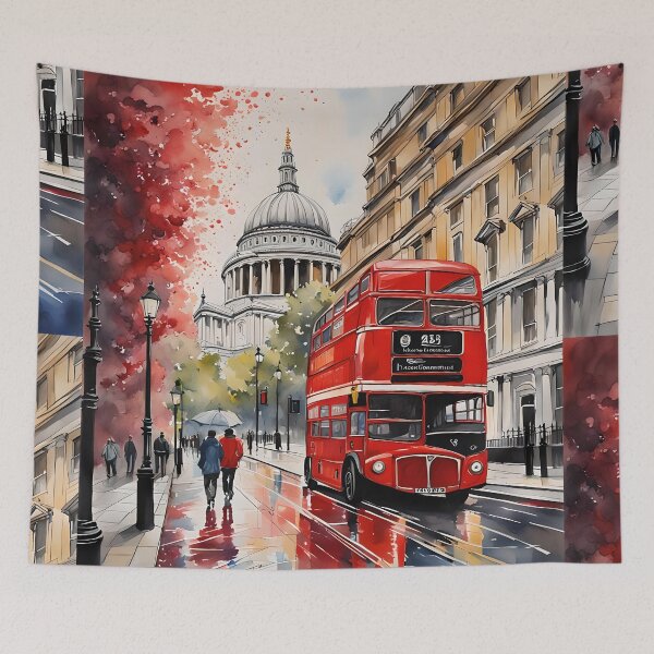 Item preview, Iconic scene of London, capital of the United Kingdom, St Paul`s cathedral with a typical red bus double decker, watercolour, rainy London designed and sold by Coolparrotgirl.