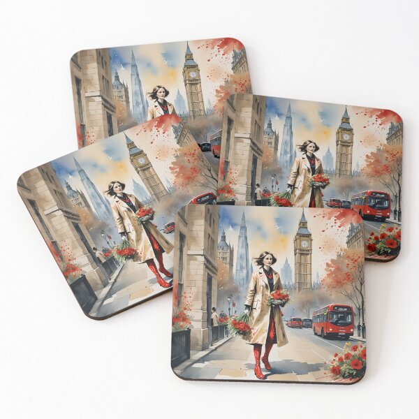 Item preview, Woman with flowers in London, London Big Ben, the Shard, red bus double decker, watercolour, rainy London designed and sold by Coolparrotgirl.