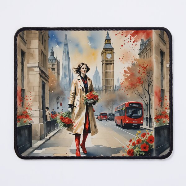Item preview, Woman with flowers in London, London Big Ben, the Shard, red bus double decker, watercolour, rainy London designed and sold by Coolparrotgirl.