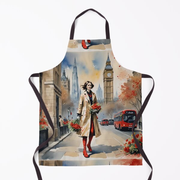 Item preview, Woman with flowers in London, London Big Ben, the Shard, red bus double decker, watercolour, rainy London designed and sold by Coolparrotgirl.