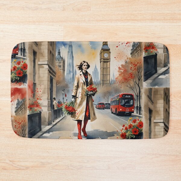 Item preview, Woman with flowers in London, London Big Ben, the Shard, red bus double decker, watercolour, rainy London designed and sold by Coolparrotgirl.