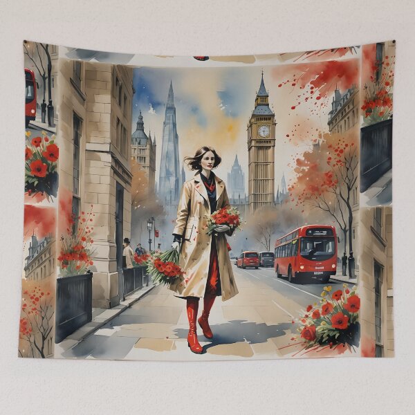 Item preview, Woman with flowers in London, London Big Ben, the Shard, red bus double decker, watercolour, rainy London designed and sold by Coolparrotgirl.