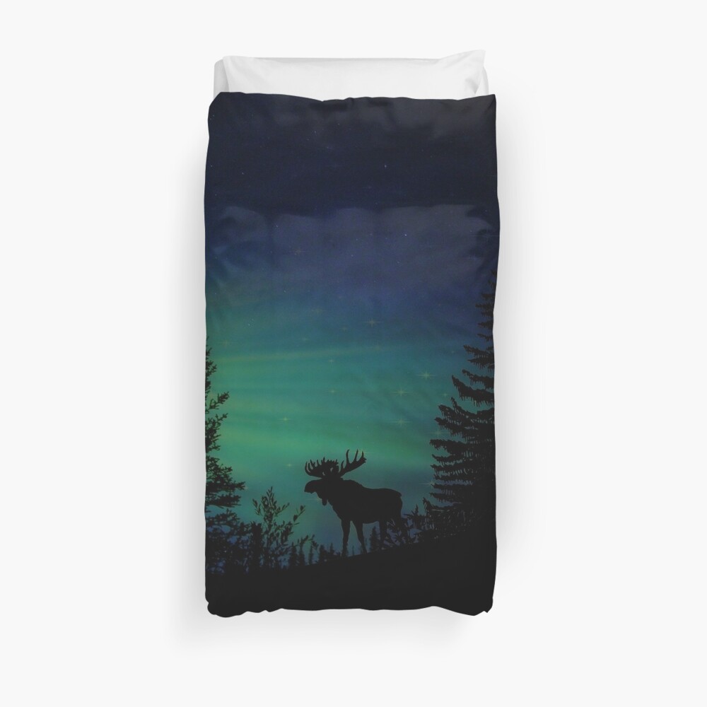 Moose with Northern Lights Duvet Cover