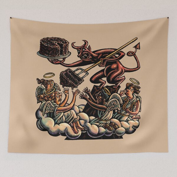 Item preview, Devil offering devil's food cake to angels in the clouds designed and sold by LisaHaney.