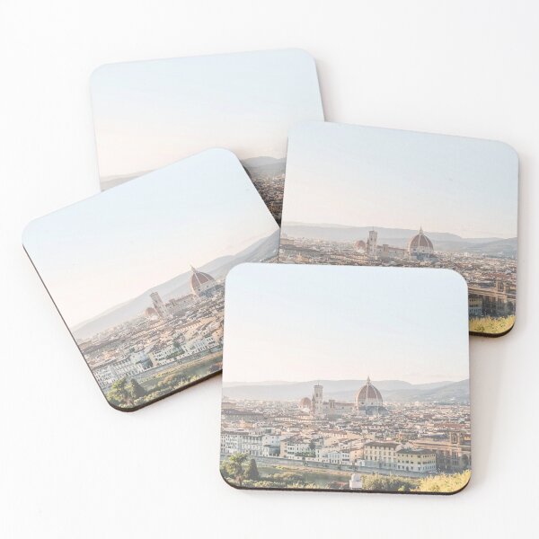 Item preview, Florence, Italy I Pastel panorama of the city on the Duomo Santa Maria by the sunset light in summer vintage aesthetic with views of Tuscany countryside, cypress trees, the Arno river and mountains designed and sold by Julie Travel Photography.