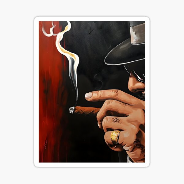 Item preview, Man in Hat and Glasses Smoking Cigar with Dark and Red Tones and Billowing White Smoke designed and sold by OlfactoART Studio.