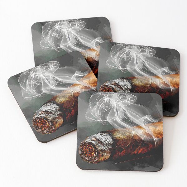 Item preview, Close-Up of Lit Cigar Emitting Swirling Smoke Against Dark Abstract Background - AI Generated Art designed and sold by OlfactoART Studio.