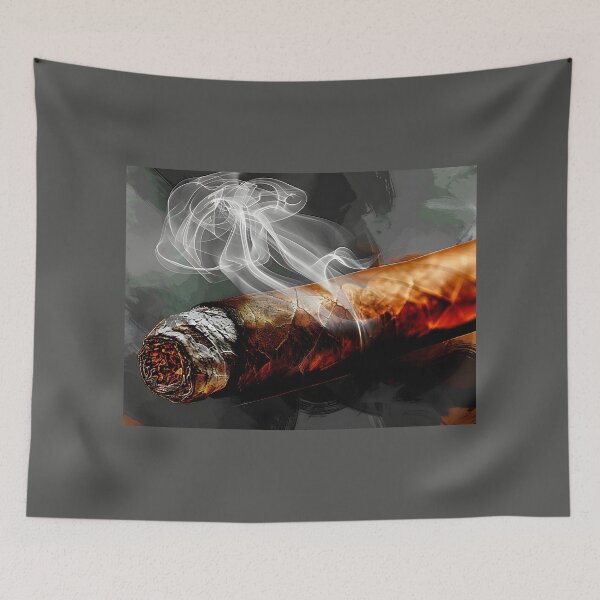 Item preview, Close-Up of Lit Cigar Emitting Swirling Smoke Against Dark Abstract Background - AI Generated Art designed and sold by OlfactoART Studio.