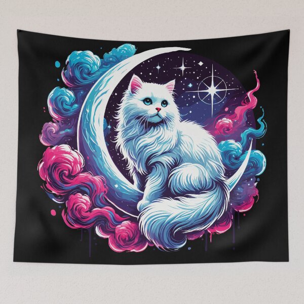 Item preview, Fluffy Cat on Crescent Moon with Celestial Nebula designed and sold by ArtfulHunter.