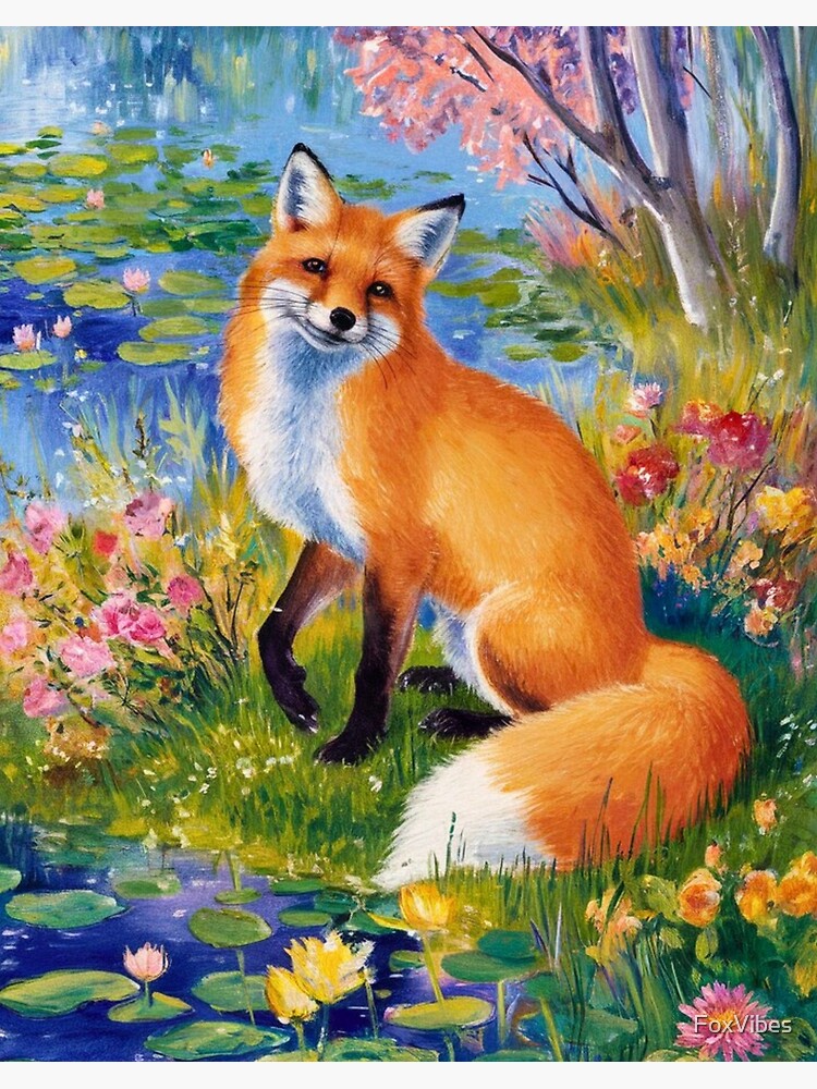 Thumbnail 2 of 2, Art Board Print, Fox Portrait. Spring season, floral fox, vintage fox, fox painting, Claude Monet style designed and sold by FoxVibes.