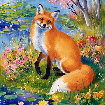 Artwork thumbnail, Fox Portrait. Spring season, floral fox, vintage fox, fox painting, Claude Monet style by FoxVibes
