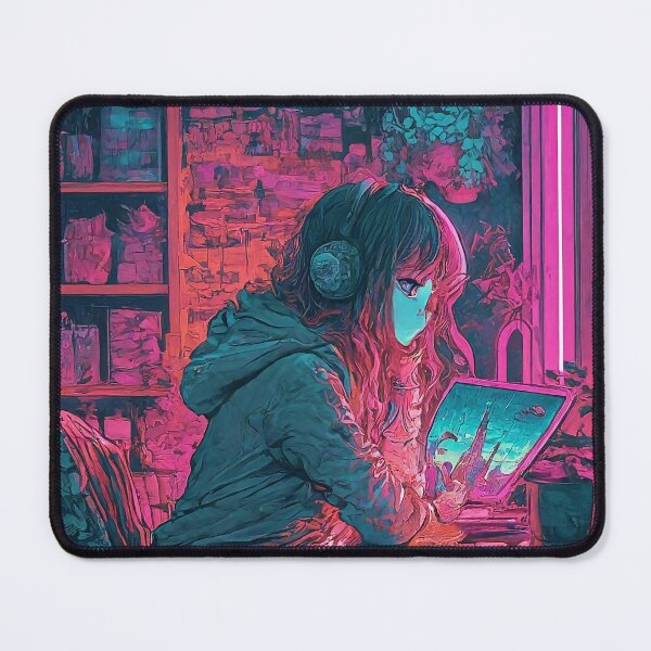 Item preview, A girl wear earphone in japan city anime style neon and purple blend with pink color tone designed and sold by HakunamatataTin.