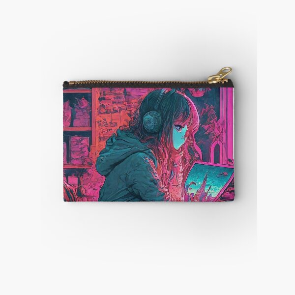 Item preview, A girl wear earphone in japan city anime style neon and purple blend with pink color tone designed and sold by HakunamatataTin.