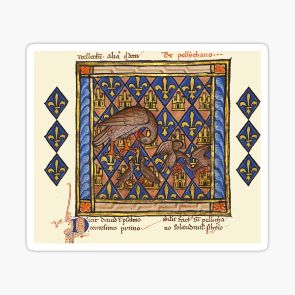 Vista previa del artículo con la obra «PÁJAROS PELICANOS CON BEBÉS EN FLEUR DE LYS HERALDRY Miniatura medieval francesa», diseñado y vendido por BulganLumini.