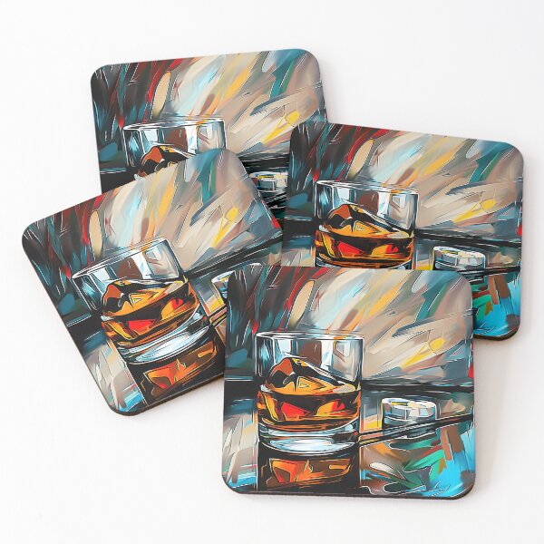 Item preview, Whiskey Glass with Ice Surrounded by Vibrant Abstract Brushstrokes - AI Generated Art designed and sold by OlfactoART Studio.