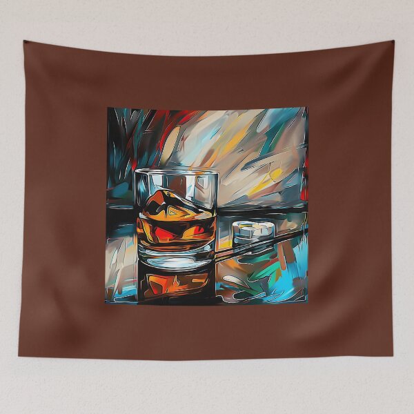 Item preview, Whiskey Glass with Ice Surrounded by Vibrant Abstract Brushstrokes - AI Generated Art designed and sold by OlfactoART Studio.