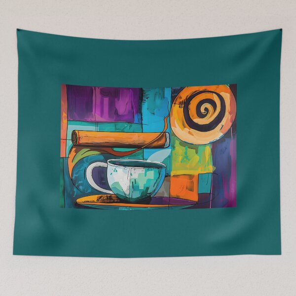Item preview, Colorful Abstract Composition - Coffee Cup, Cigar, and Geometric Shapes - AI Generated Art designed and sold by OlfactoART Studio.