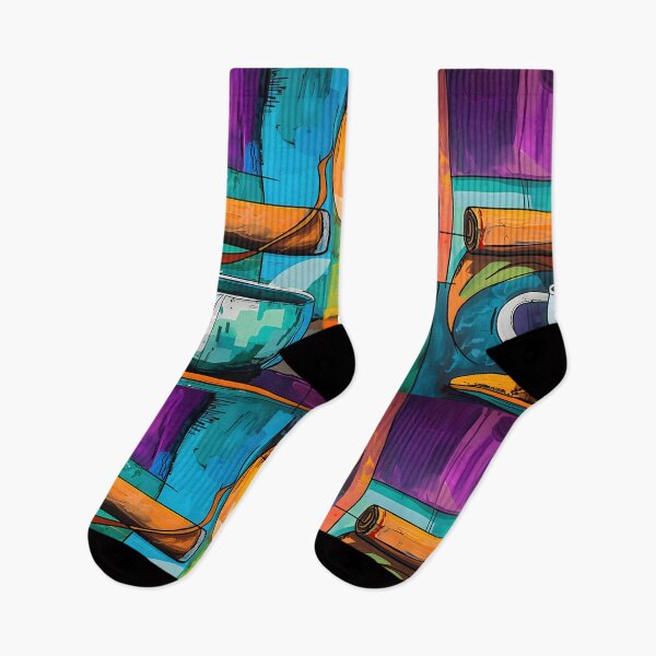 Item preview, Colorful Abstract Composition - Coffee Cup, Cigar, and Geometric Shapes - AI Generated Art designed and sold by OlfactoART Studio.