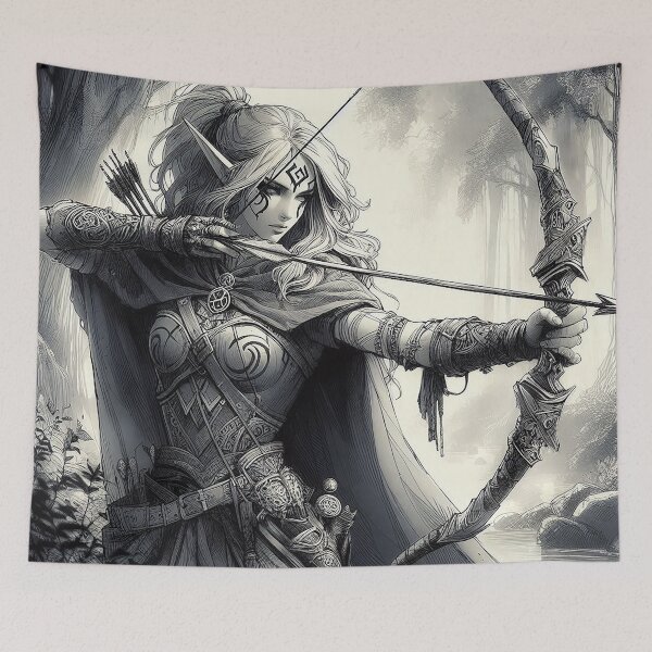Item preview, Elven archer drawing bow in fantasy battle designed and sold by BlueGnome.