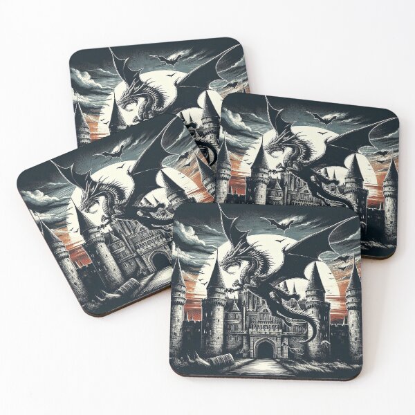 Item preview, Dragon flying in front of a fantasy castle designed and sold by BlueGnome.