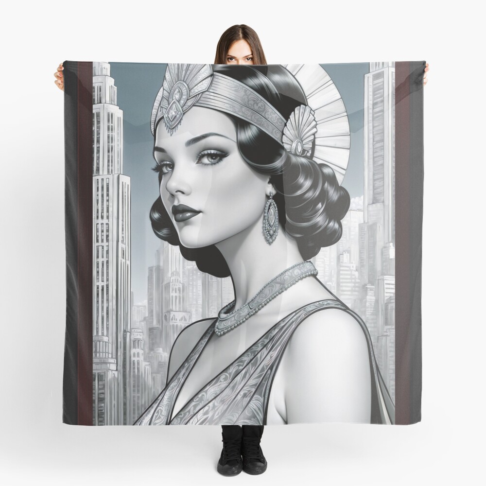 Stunning Illustration Of A Vintage Glamour And Elegant Art Deco Female Alluring AI Concept Art by Xzendor7 Decorative Portrait Art Ladies Scarf