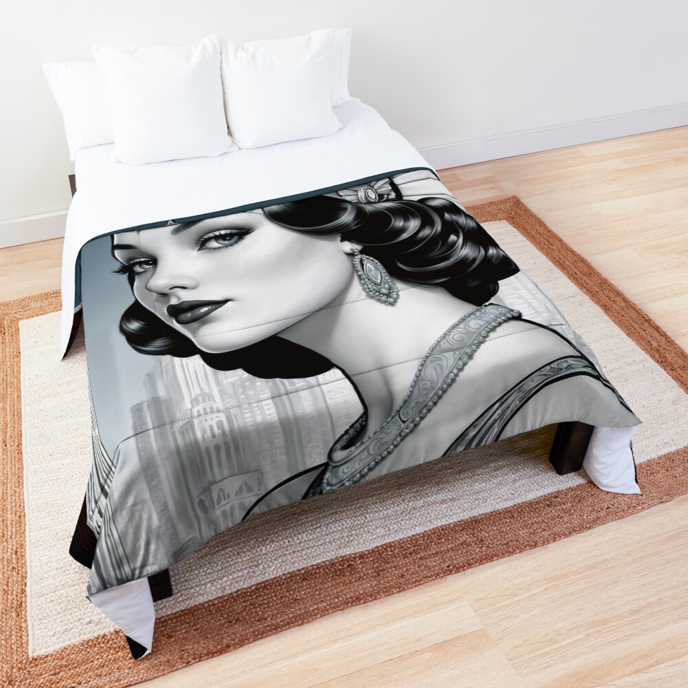 Stunning Illustration Of A Vintage Glamour And Elegant Art Deco Female Alluring AI Concept Art by Xzendor7 Decorative Portrait Art Comforter