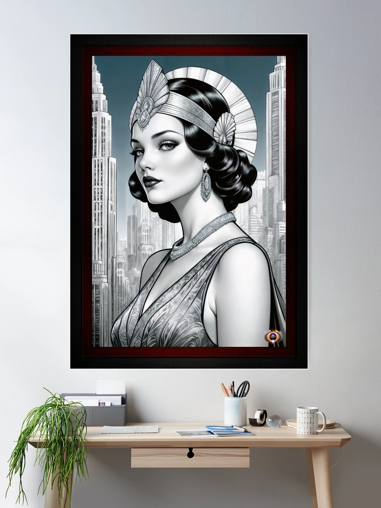 Stunning Illustration Of A Vintage Glamour And Elegant Art Deco Female Alluring AI Concept Art by Xzendor7 Wall Decor Portrait Poster Art Print
