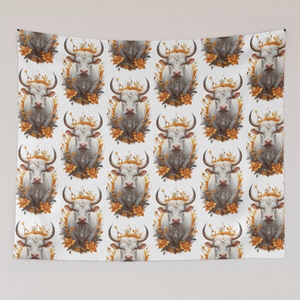 Item preview, White bull framed by orange flowers designed and sold by MadinaFatt.