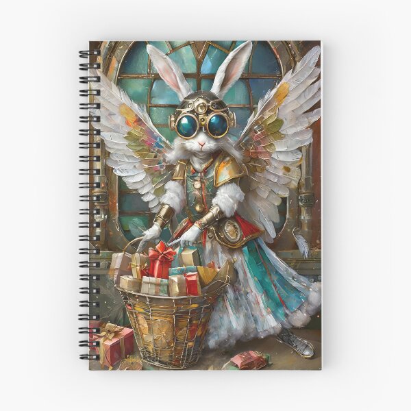 Aperçu de l'œuvre Lapin ange de Noël Steampunk livrant des cadeaux créée et vendue par Lee Hiller Designs.