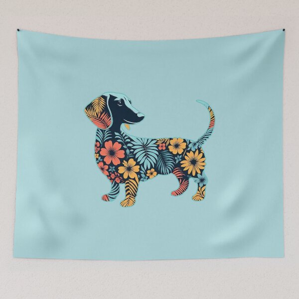 Item preview, dachshund silhouette and colorful tropical flowers, dachshund lovers, gift for dachshund lovers designed and sold by Collagedream.
