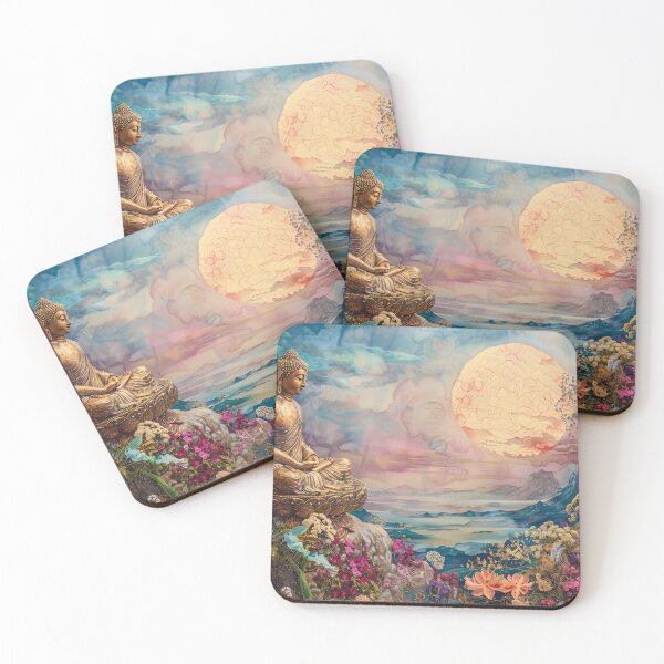 Item preview, Boeddha met kleurrijke bloemen bij zonsondergang designed and sold by DeMuurdecoratie.