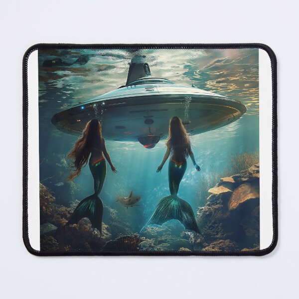 Item preview, two beautiful mermaids discovering an otherworldly spaceship in the depths of the ocean. The scene is a mesmerizing blend of fantasy and s designed and sold by Love-Light-Bite.