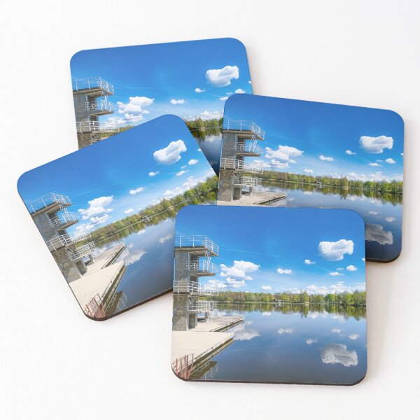 Item preview, Darmstadt: Picturesque view of the Woog with water tower against a bright blue sky designed and sold by pixxelmixx.