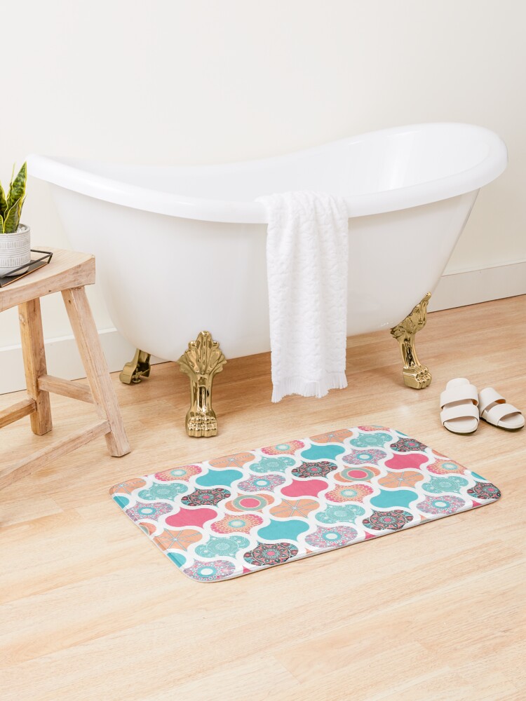 Bath Mat, Sunset On Sea Dot Mandalas Ogee Patchwork Cheater Quilt designed and sold by Triplicate Limited