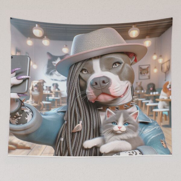 Item preview, Pitbull Celebrity Taking Selfie with Kitten in Cat Cafe designed and sold by TheDogOnIt.