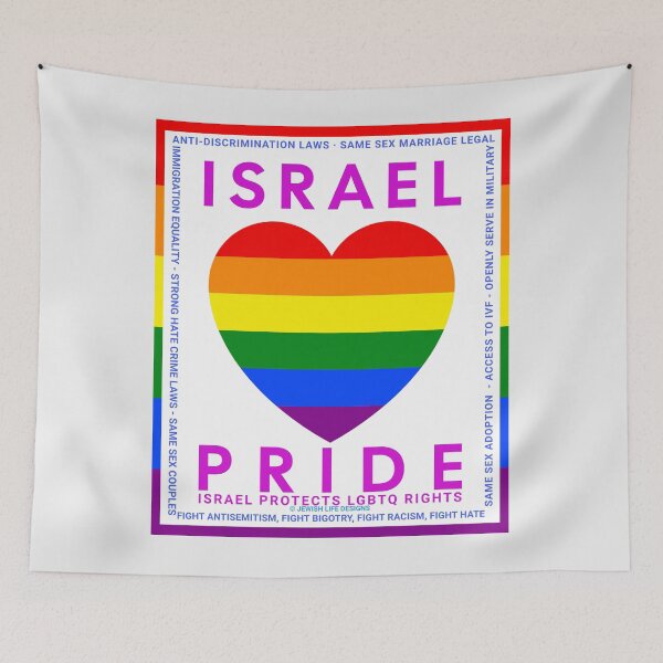 Item preview, SUJD0037 Jewish Designs LGBTQ Israel Pride Rainbow Heart design shows Israel Protects LGBTQ Rights designed and sold by JewishDesigns.