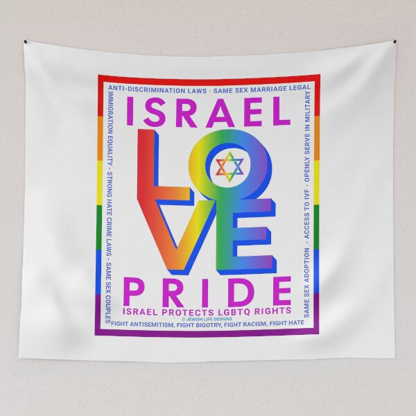 Item preview, SUJD0041 Jewish Designs LGBTQ Israel Pride LOVE design shows Israel Protects LGBTQ Rights designed and sold by JewishDesigns.