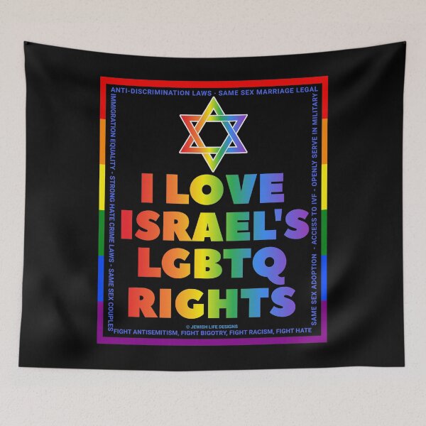 Item preview, SUJD0043 Jewish Designs LGBTQ Love Israel rainbow design shows how Israel protects LGBTQ Rights designed and sold by JewishDesigns.