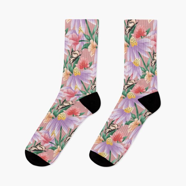 Item preview, Painterly gouache coneflowers, poppies, and butterflies on a pink background designed and sold by JasmineGDesigns.