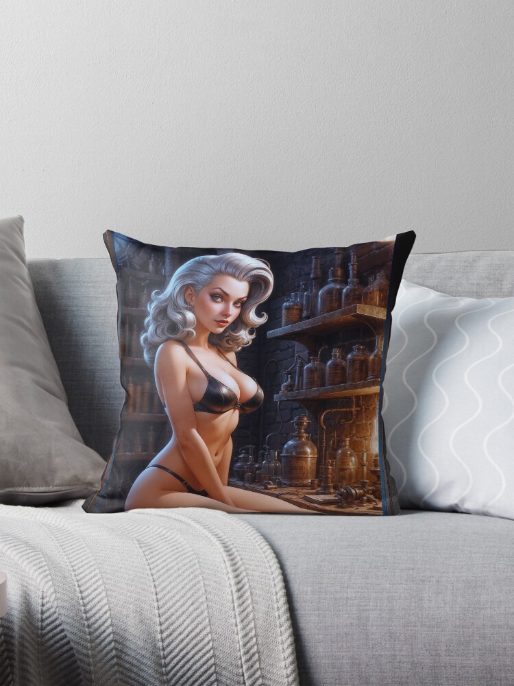 I Know Something About Chemistry Says A Captivating Sensual Pin Up Girl In Lingerie Stunning AI Concept Art by Xzendor7 Decorative Art Print Throw Pillow