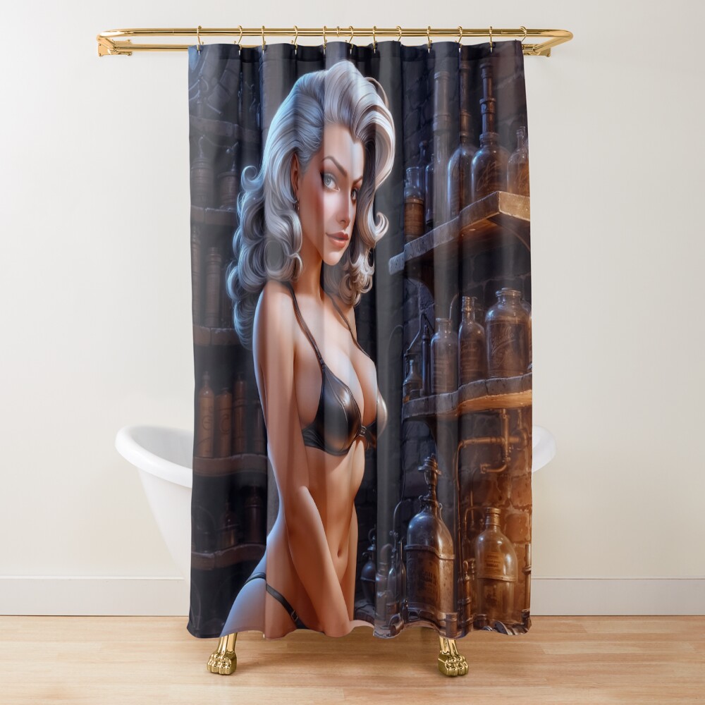 I Know Something About Chemistry Says A Captivating Sensual Pin Up Girl In Lingerie Stunning AI Concept Art by Xzendor7 Decorative Art Print Shower Curtain