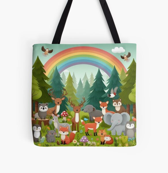 Woodland Animals Under a Rainbow - Cute Forest Creatures Illustration All Over Print Tote Bag
