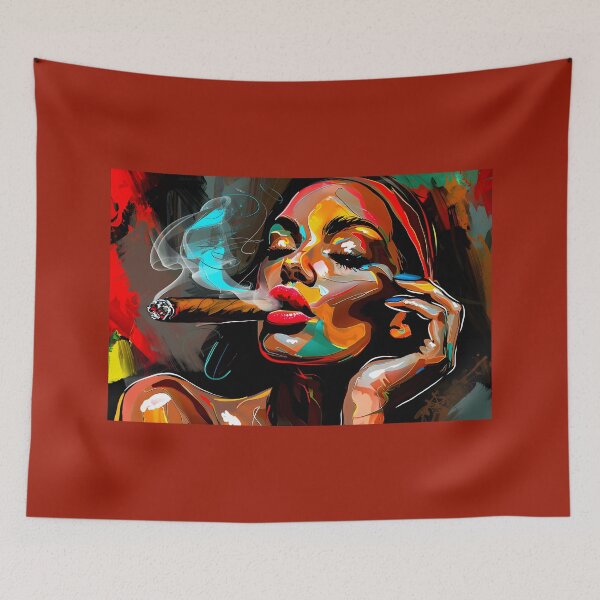 Item preview, Vividly Colored Portrait of Woman Holding Cigar with Swirling Smoke - AI Generated Art designed and sold by OlfactoART Studio.