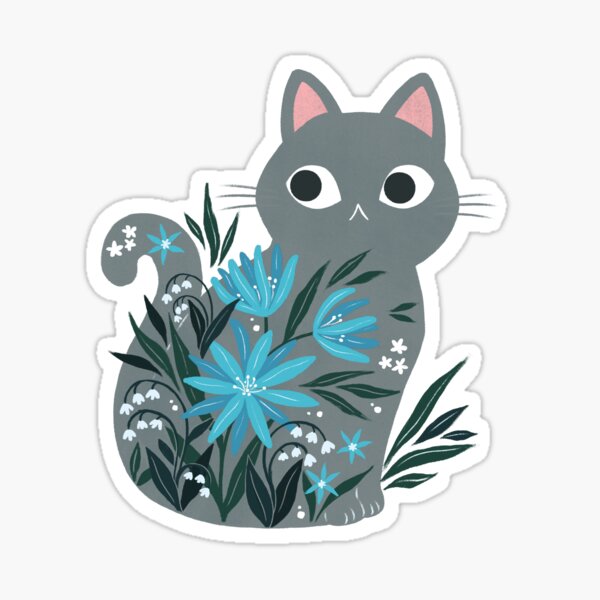 Item preview, Grey Cat in blue flowers  designed and sold by michelledraws.