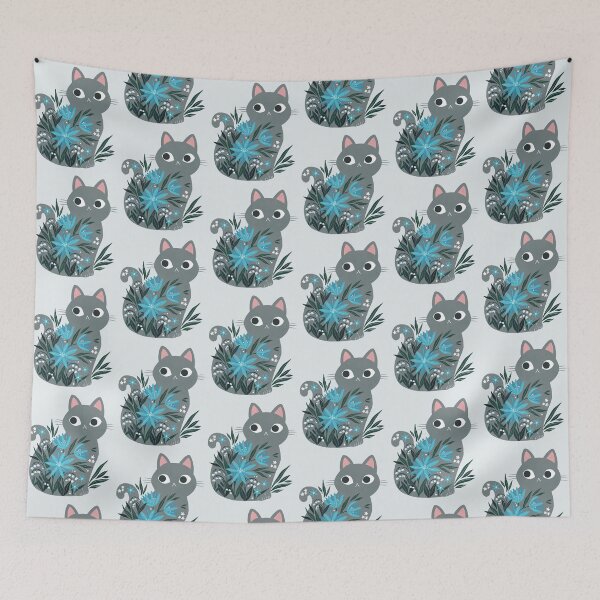 Item preview, Grey Cat in blue flowers  designed and sold by michelledraws.